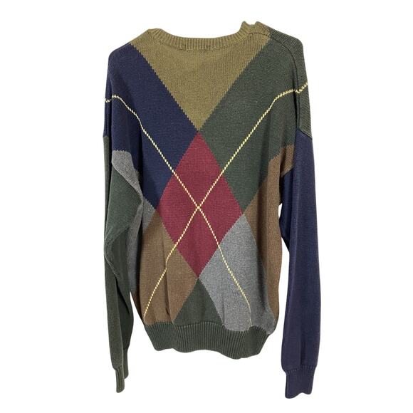 Vintage 90s Nautica Green Blue Mens L Argyle Knit Grandpacore Preppy Sweater - Picture 2 of 8